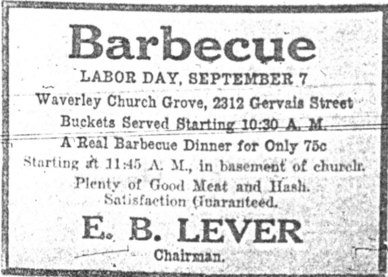 E. B. Lever sold barbecue every Labor Day in Columbia, South Carolina, in the 1920s